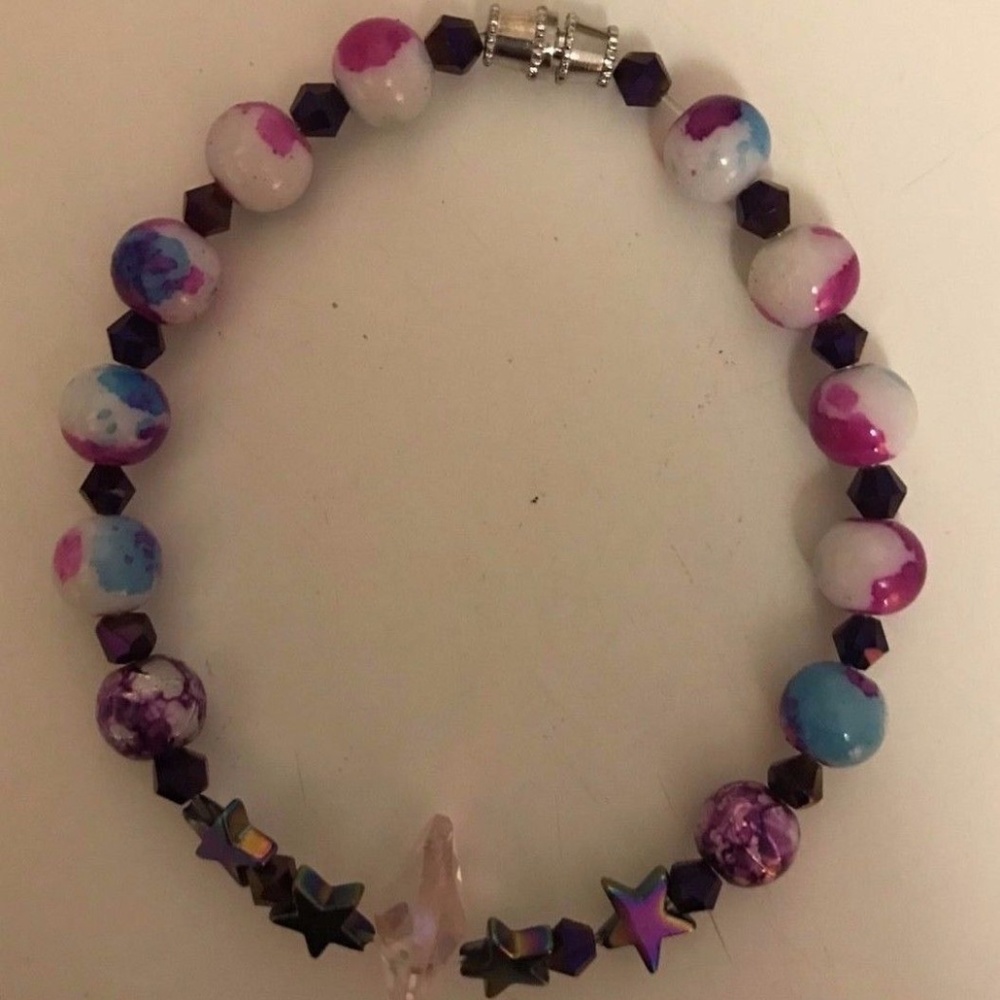 Handcrafted Hearts Stars Beaded Bracelet 8"